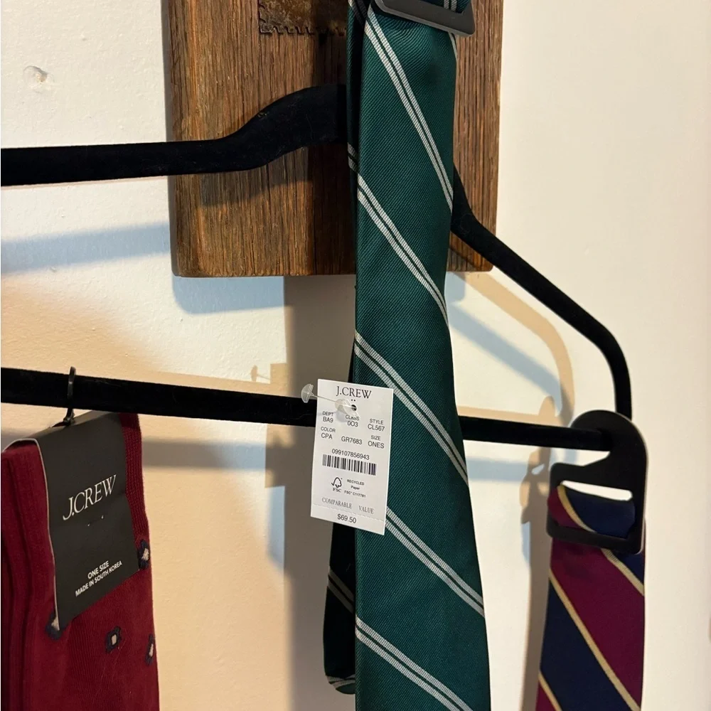 J. Crew Green and White Striped Tie, Burgundy/Navy/Hold Striped Tie, and socks